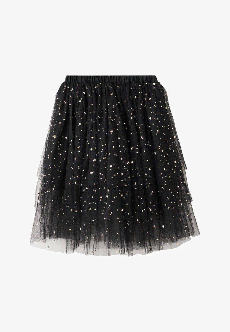Črna tila krila s nabrano elastično pasom, okrašena z razpršenimi zlatimi zvezdami. Teksturna in plastehna zasnova.