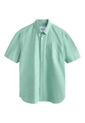 Camicia verde chiaro a maniche corte con taschino sul petto e colletto abbottonato.