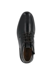Schwarze Lederschuhe mit runder Spitze, Schnürverschluss, strukturierten Akzenten und heller Innensohle. Genähte Details an den Seiten.