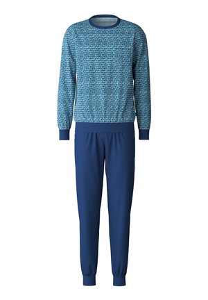 Blue patterned sweater with round neckline and long sleeves, paired with matching blue jogger pants with elastic cuffs at ankles.