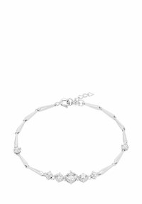 Pulsera de plata con eslabones alargados y redondos alternos, adornada con seis piedras preciosas redondas y transparentes, con un cierre de langosta.