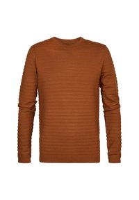 Pulover lung cu mânecă lungă de culoare maro, cu un design texturat, ribetat. Dispune de un gât rotund și de manșete și tiv ribetate. Construit dintr-un material moale.