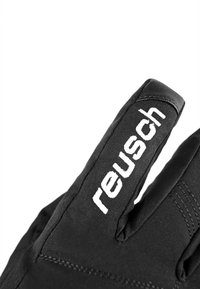 Black sports glove featuring a textured surface with a white "reusch" logo on the cuff. Notable stitching details and a snug fit design.