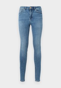 Light blue skinny jeans made of denim, featuring a standard five-pocket design, a button and zipper closure, and subtle stitching details.
