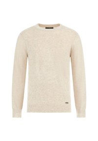 Maglione a maniche lunghe beige in maglia con un delicato motivo a rombi e polsini, colletto e orlo a coste.