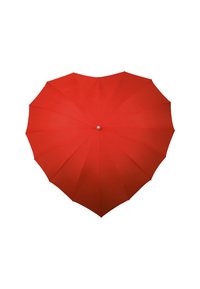 Ombrello rosso visto dall'alto, con una copertura a forma di cuore, isolato su sfondo bianco.