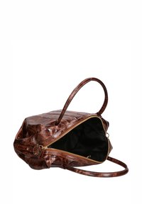 Borsa a tracolla in pelle marrone con un esterno texturizzato, zip dorata e due manici; l'interno è nero con ampio spazio di archiviazione.