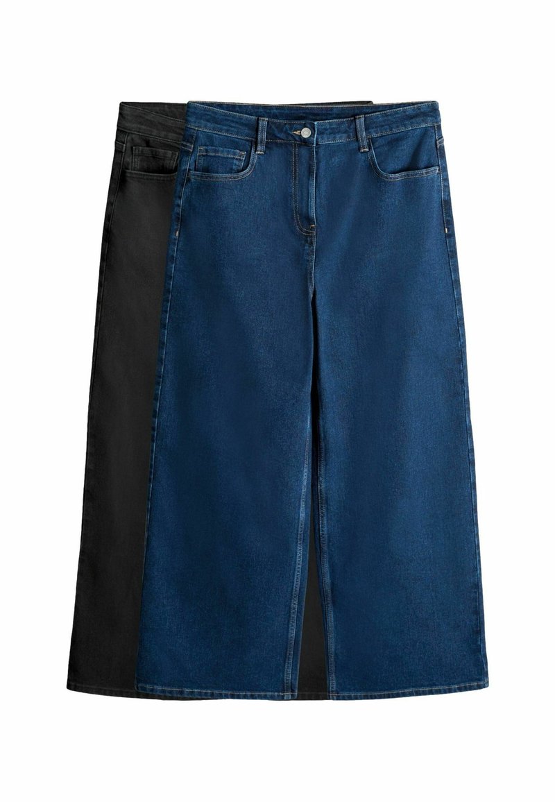 Dvoje džínsových sukienok, jedna tmavomodrá a jedna čierna, so rovnou siluetou, viditeľným šitím, vreckami a predným rozparkom v modrej sukni.