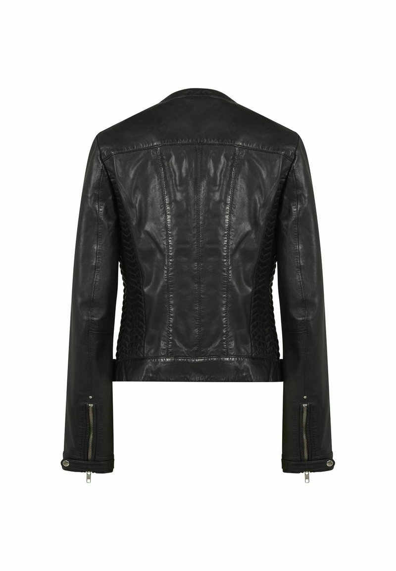 Naf Naf Clim Giacca In Pelle Donna, Nero, Taglio Moto, Chiusura Zip, 100% Pelle