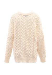 Cremfarbener Zopfmuster-Pullover mit strukturiertem Design, rundem Halsausschnitt und gerippten Bündchen. Hergestellt aus weichem, gemütlichem Material.