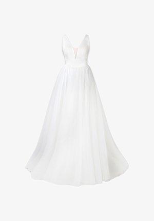 Weißes ärmelloses Brautkleid mit tiefem V-Ausschnitt und voluminösem, fließendem Rock, entworfen für formelle Hochzeiten oder besondere Anlässe.