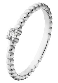 Anello in argento con design a perline e un singolo diamante centrale trasparente. Texture liscia con finitura lucida. Forma elegante e minimalista.
