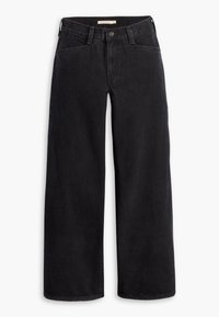 Jeans de mezclilla negra de pierna ancha con una cintura alta, cierre de botón en la parte delantera y diseño clásico de cinco bolsillos. Textura suave, detalles de costura mínimos.