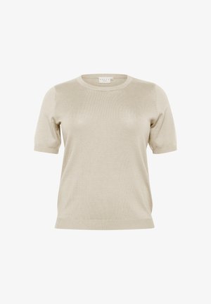 Beež lühikeste varrukatega kudum, millel on ümmargune kaelus, kerge tekstuur ja soonikkoes detailid varrukatel ja äärel.