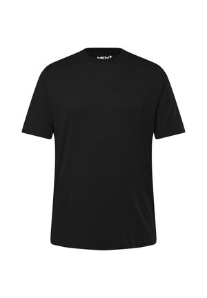 Schwarzes Baumwoll-T-Shirt mit Rundhalsausschnitt und kurzen Ärmeln. Einfaches Design ohne sichtbare Muster oder Akzente. Normale Passform.