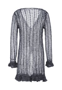 Copertura in maglia di colore grigio scuro con maniche lunghe, motivo testurizzato, trama aperta, orlo e polsini a zigzag e tessuto leggero.