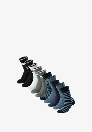 Ensemble de neuf paires de chaussettes en noir, blanc, gris et bleu. Comprend des couleurs unies et des rayures, avec des bords côtelés contrastés. Matériau en mélange de coton.