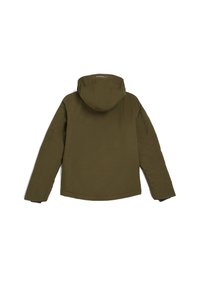 Veste vert olive avec capuche, manches longues et détails cousus. Le matériau a une texture lisse avec un ourlet droit en bas.