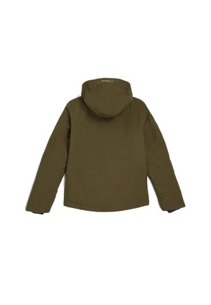 Veste vert olive avec capuche, manches longues et détails cousus. Le matériau a une texture lisse avec un ourlet droit en bas.