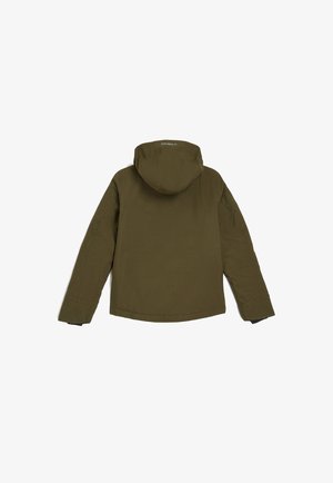 Olivgrön jacka med huva, långa ärmar och sömnadsdetaljer. Materialet har en jämn textur med en rak nederkant.