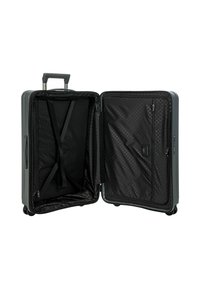 Hartschalentrolley in Dunkelgrau mit strukturiertem Oberflächen. Das Innere verfügt über elastische Kreuzgurte und ein Reißverschlussfach auf einer Seite.