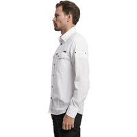Camicia bianca a maniche lunghe con bottoni neri, due taschini sul petto e polsini abbottonati. Tessuto liscio, silhouette sagomata.