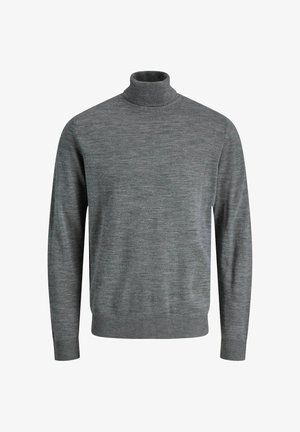 Gray turtleneck sweater made of soft knit fabric. Features long sleeves and a ribbed hem, with a smooth, uniform texture throughout.