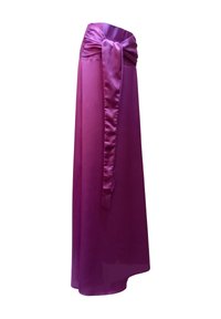 Larga falda de satén morado con una cinturilla ajustada atada con un lazo, textura suave y silueta fluida. Adecuada para ocasiones formales.