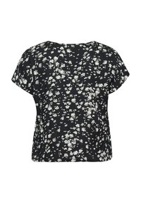 Top corto nero a maniche corte con motivo floreale bianco, scollatura rotonda, vestibilità comoda e tessuto morbido dalla superficie texturizzata.