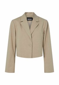 Beige cropped blazer lavet af tekstureret stof, med en reverskrave, enkelt knaplukning og lange ærmer.
