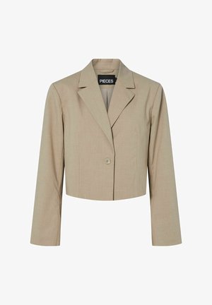 Beige cropped blazer van textuurstof, met een reverkraag, enkele knoopsluiting en lange mouwen.