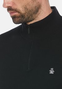 Schwarzer Pullover mit hohem Kragen und einem Viertelreißverschluss. Verfügt über ein strukturiertes Strickmuster und ein kleines weißes Pinguin-Logo auf der linken Brust.