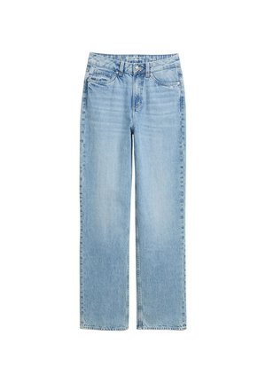 Jean en denim droit bleu clair avec bouton frontal et conception à cinq poches, présenté sur un fond blanc.