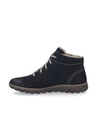Stivaletti neri in pelle con pannelli testurizzati, lacci beige e foderati in pelliccia sintetica. Presentano una suola in gomma flessibile con design robusto.