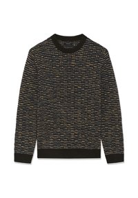 Pleten pulover v črni barvi z večbarvnimi horizontalnimi črtami. Ima okroglo ovratnico in rebraste manšete z teksturiranim videzom.