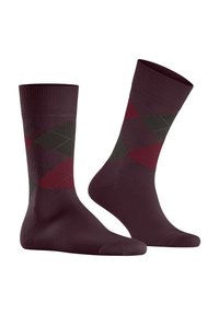 Bordowe skarpetki w wzór argyle w kolorze zielonym i ciemnoczerwonym. Wykonane z tkaniny, z prążkowanym mankietem i gładką fakturą.