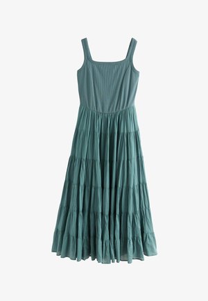 Hihaton teal-värinen maximekko, jossa on neliömäinen pääntie ja kerroksittain laskostettu helma, valmistettu kevyestä kankaasta.