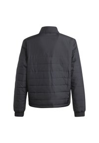 Doudoune noire avec un col montant, un design matelassé, des poignets élastiques et un ourlet droit. Le matériau semble lisse et isolé.