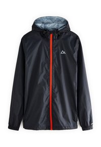 Czarna, lekka kurtka z kapturem, z jasnopomarańczowym zamkiem z przodu i małym białym logo góry na piersi, elastycznymi mankietami i regulowanym kapturem.