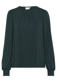 Blouse longue à manches longues vert foncé avec un col arrondi, détail plissé à l'avant et poignets froncés. Fabriquée en tissu léger et doux.