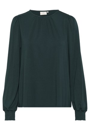 Tume roheline pika varrukaga pluus ümmarguse kaeluse, volditud esidetaili ja kogutud mansettidega. Valmistatud siledast ja kergest kangast.