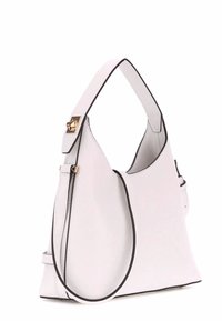 Borsa bianca con texture e design morbido, con dettagli neri e una chiusura dorata sul manico. Manico corto singolo attaccato.