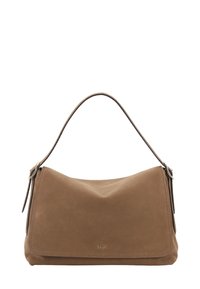 Tan leather handbag with a smooth texture, rounded shape, and a single curved handle. Features minimalistic design and subtle stitching.
