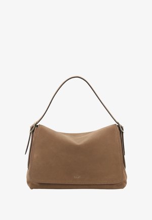 Tan leather handbag with a smooth texture, rounded shape, and a single curved handle. Features minimalistic design and subtle stitching.