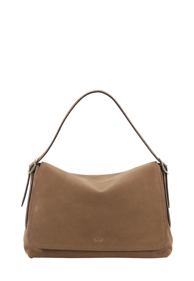 Tan leather handbag with a smooth texture, rounded shape, and a single curved handle. Features minimalistic design and subtle stitching.