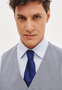 Teksturowana szara kamizelka na jasnoniebieskiej koszuli, z ciemnoniebieskim, wzorzystym krawatem. Krótkie, potargane włosy i neutralne tło.