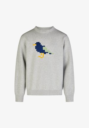 Gray knit sweater featuring a pixel art bird design in dark blue, light green, and yellow on the front. Ribbed cuffs and hem.