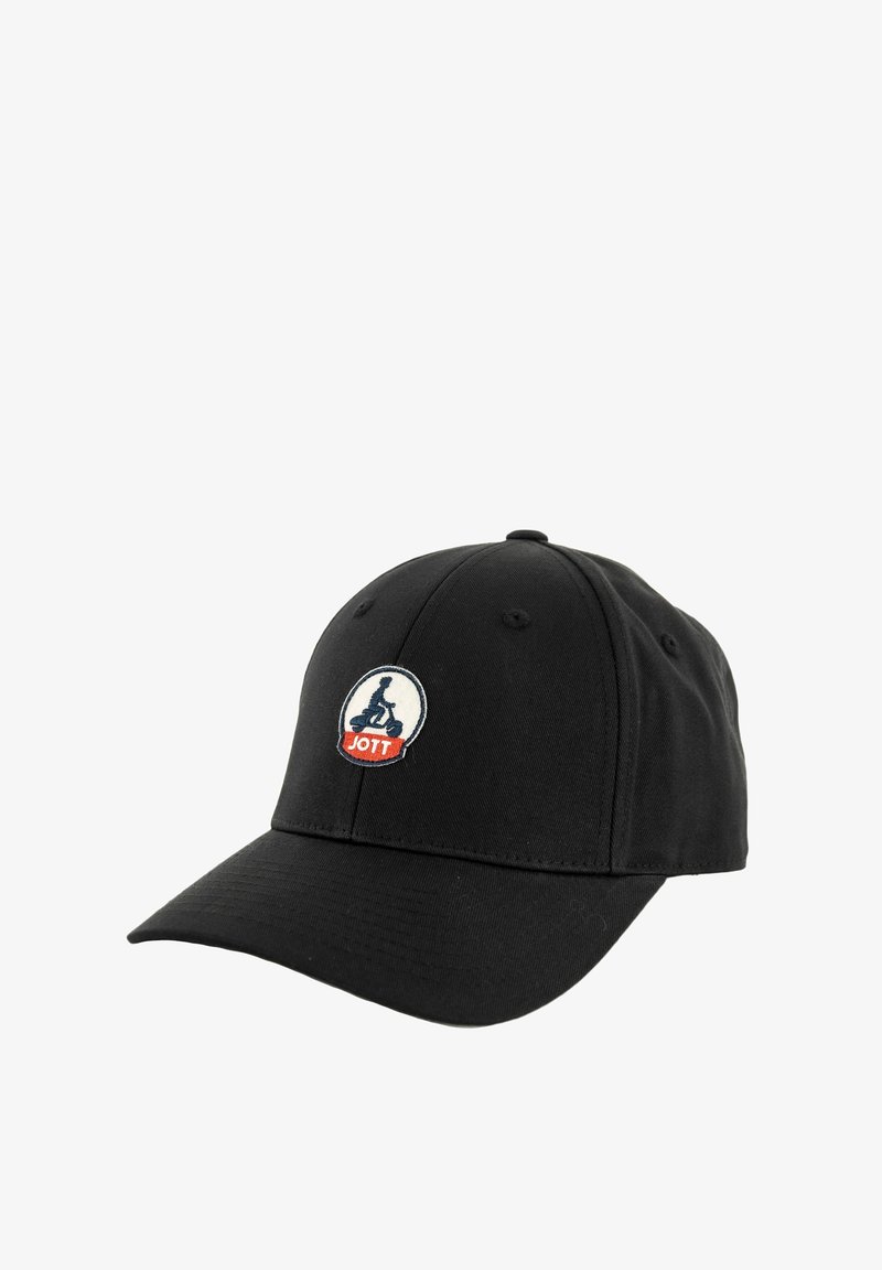 Gorra negra de tela, con una corona redondeada, visera rígida y un logotipo bordado circular con "JOTT" en acentos rojos y azules.