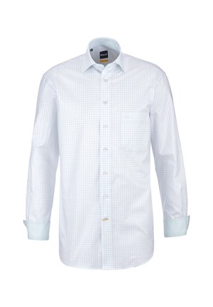 Weiße Herrenbluse mit langen Ärmeln und hellblauem Karomuster, durchgehender Knopfleiste, Tasche auf der linken Brustseite und spitzem Kragen.
