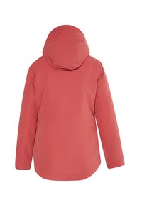 Lyserød jakke med hætte og lange ærmer, en glat overflade og lige snit. Denne jakke har et enkelt design på ryggen uden udsmykninger.